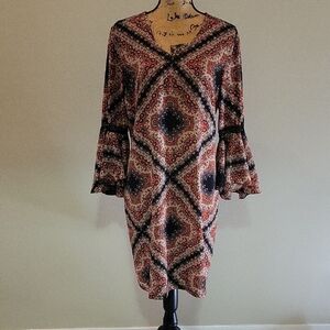 Kate & Mallory Long Sleeve Patterned Dress - Red, Black, Cream